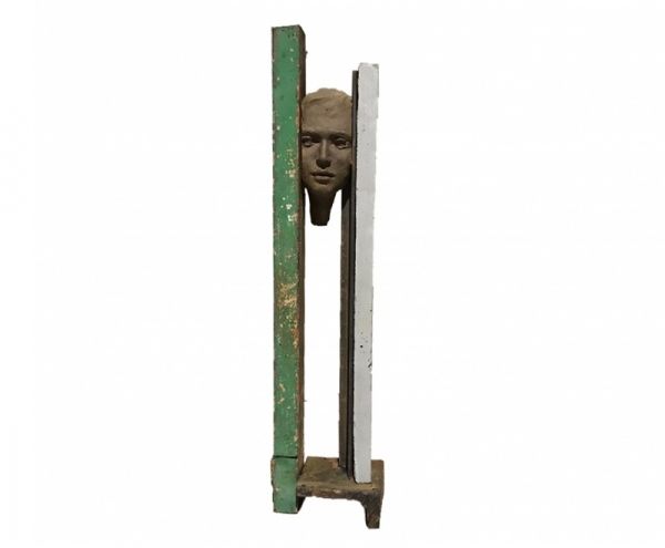 Green|Beatrice BIZOT|sculpture that combines a face in bronze and  materials like iron and ciment