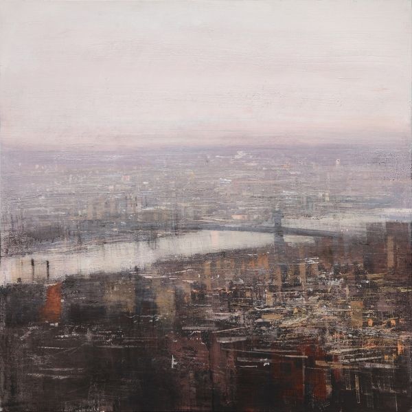 NY en dia gris y rosa| alejandro quincoces| contemporary urban painting buildings and cities panoramic