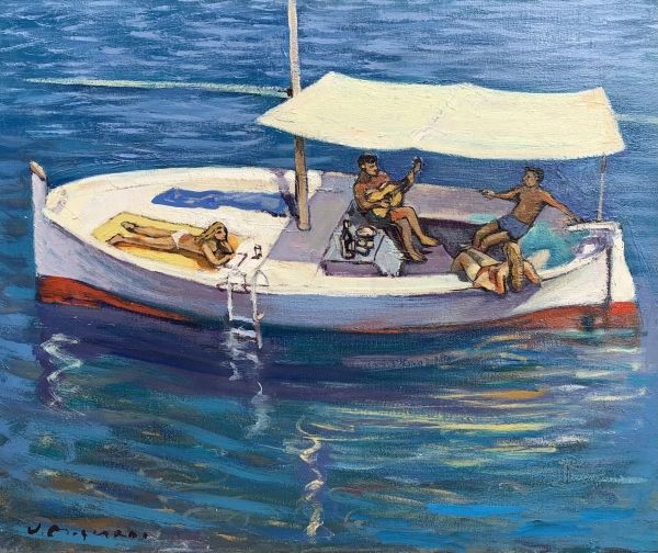Per la costa II| Josep Moscardó| pintura de paisaje mediterraneo con coche de viaje