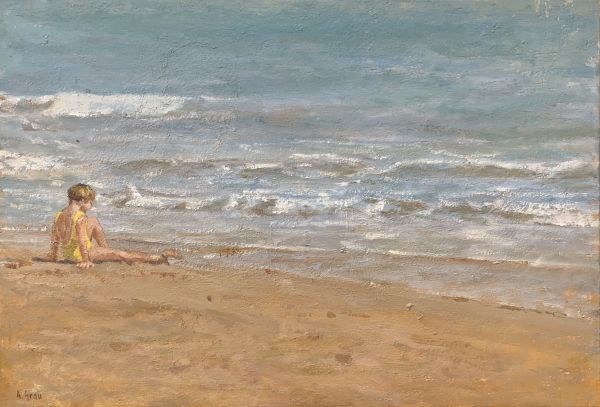 Tardor a la platja | Alícia Grau | artecomprar nena infància art quadre mar platja nens infantil