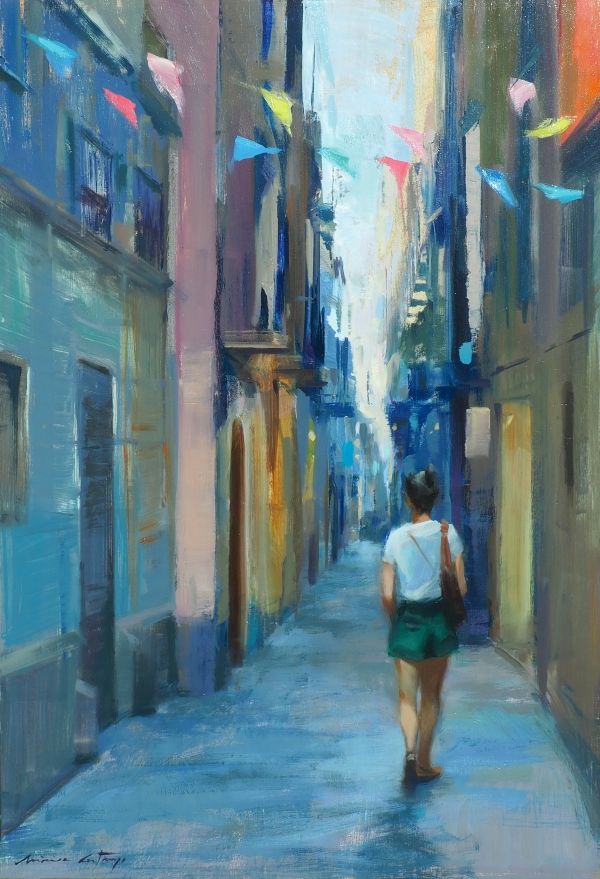 Walking in Barcelona|Monica Castanys|Contemporary figurative oil painting European city, urban landscape