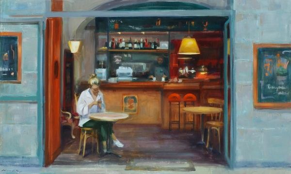 Two coffees|Monica Castanys|Contemporary figurative oil painting European city, urban landscape