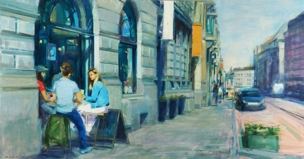 Together at last|Monica Castanys| pintura figurativa contemporánea al óleo ciudad europea, paisaje urbano