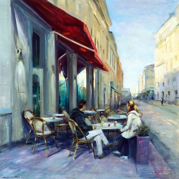 Together at last|Monica Castanys|Contemporary figurative oil painting European city, urban landscape