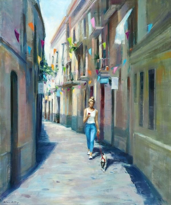El primer passeig|Monica Castanys|Contemporary figurative oil painting European city, urban landscape