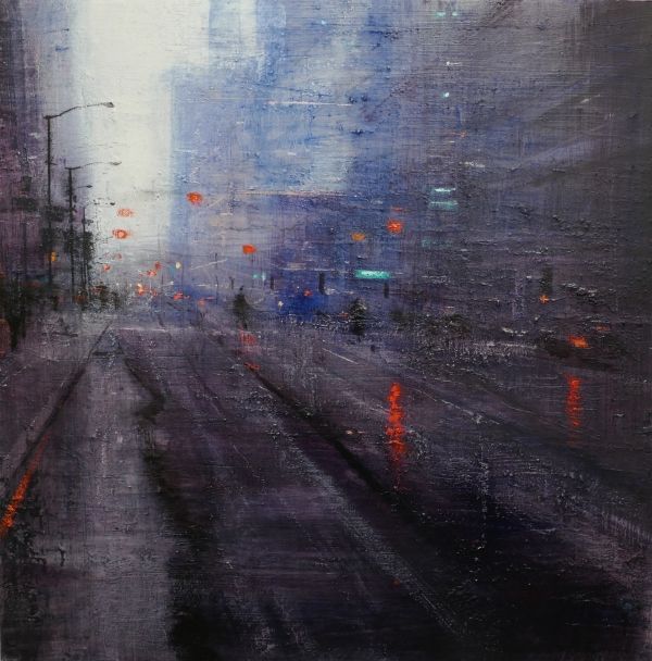 Night blue and lights| alejandro quincoces| contemporary urban painting buildings and cities panoramic